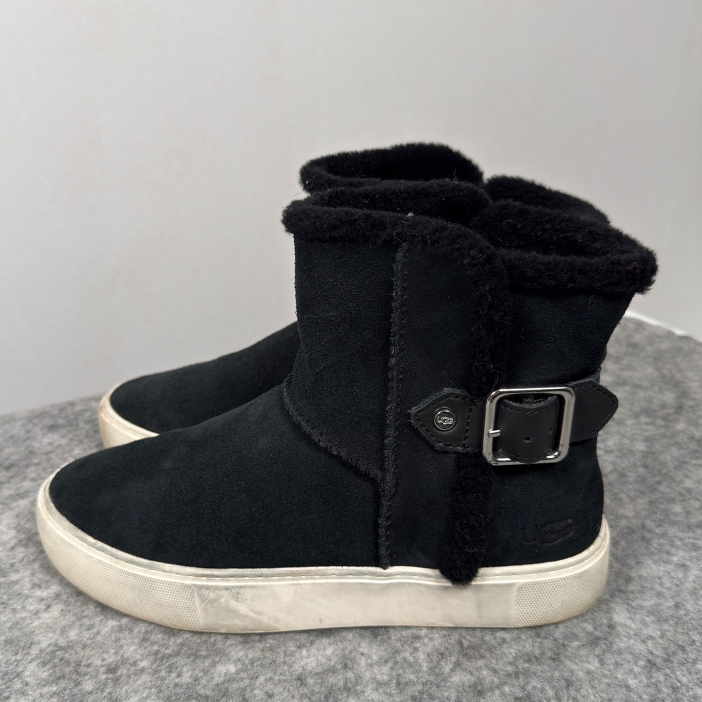 UGG Black Suede Shearling Lined Buckle Boots Sneakers Black White Sole Womens 8